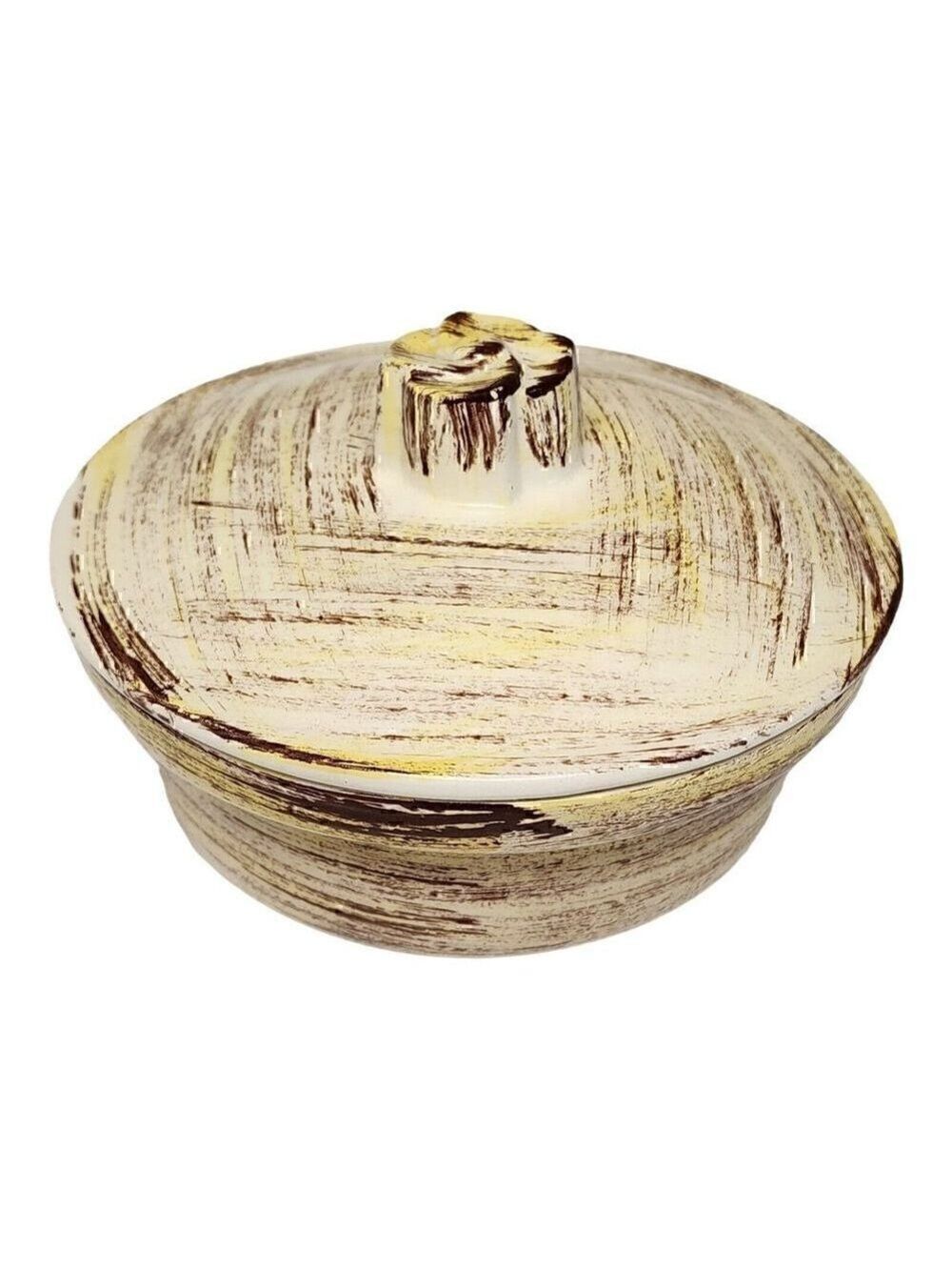 Vernonware Mid Century Brown, Ivory Yellow Ceramic Serving Dish w Lid  7x4.5